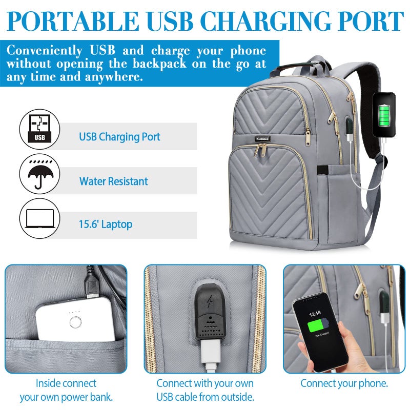 Kuosdaz Backpack for Women Men  School Backpack for Teens  Waterproof Bookbag for Girls Boys  Fashion Laptop Backpack  Travel Backpack with USB Charger  Grey - Image 3